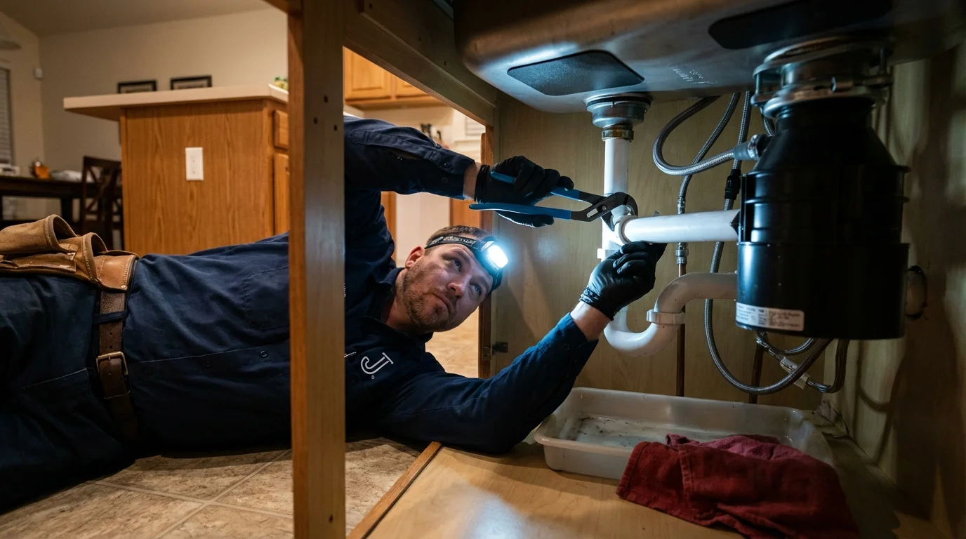 P-trap and supply line connections under a kitchen sink showing a common leak point in Stevensville, MT